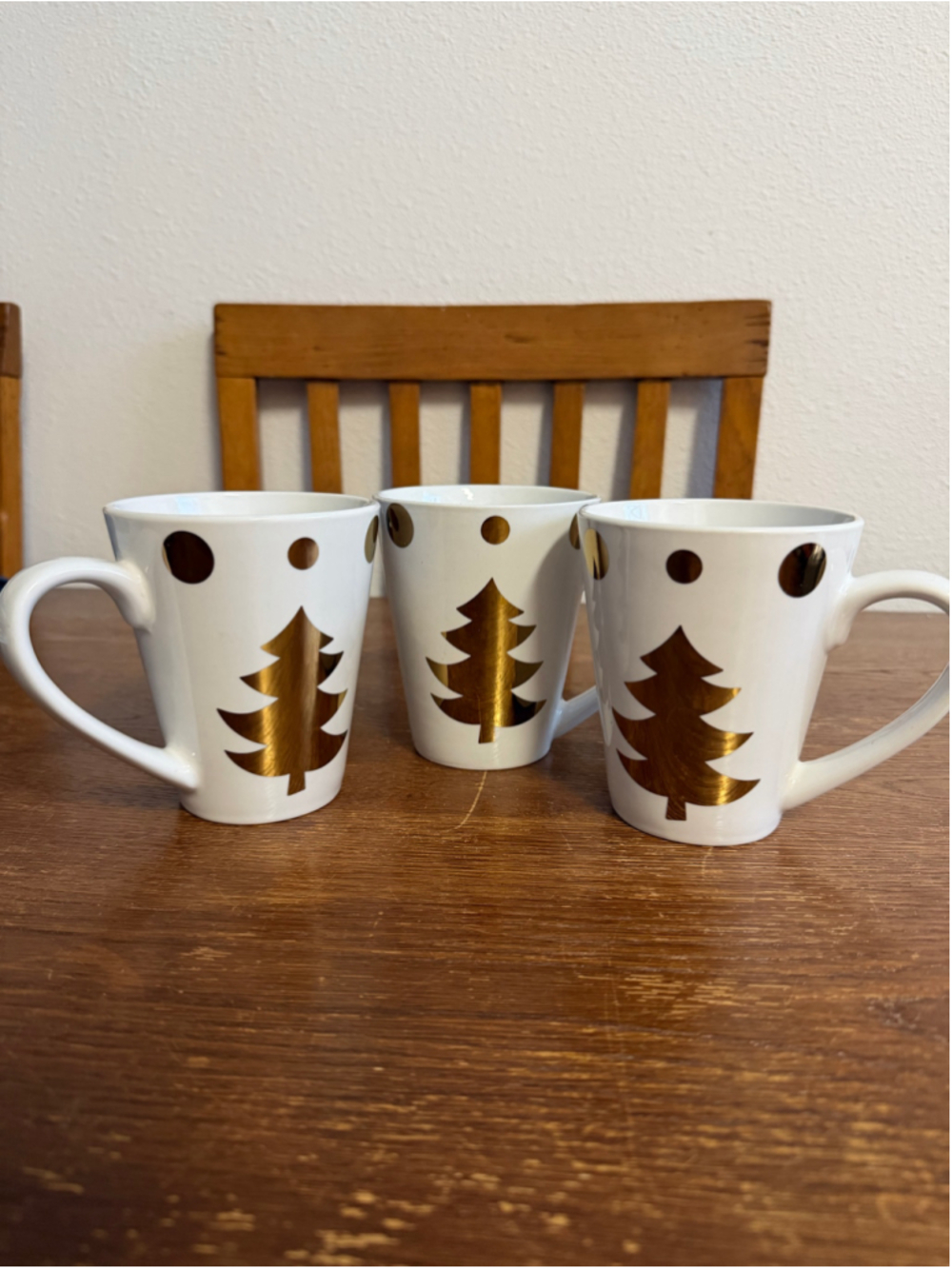 Set of 3 Rite Aid Christmas Tree Latte Mugs 14 oz White Gold Porcelain Holiday